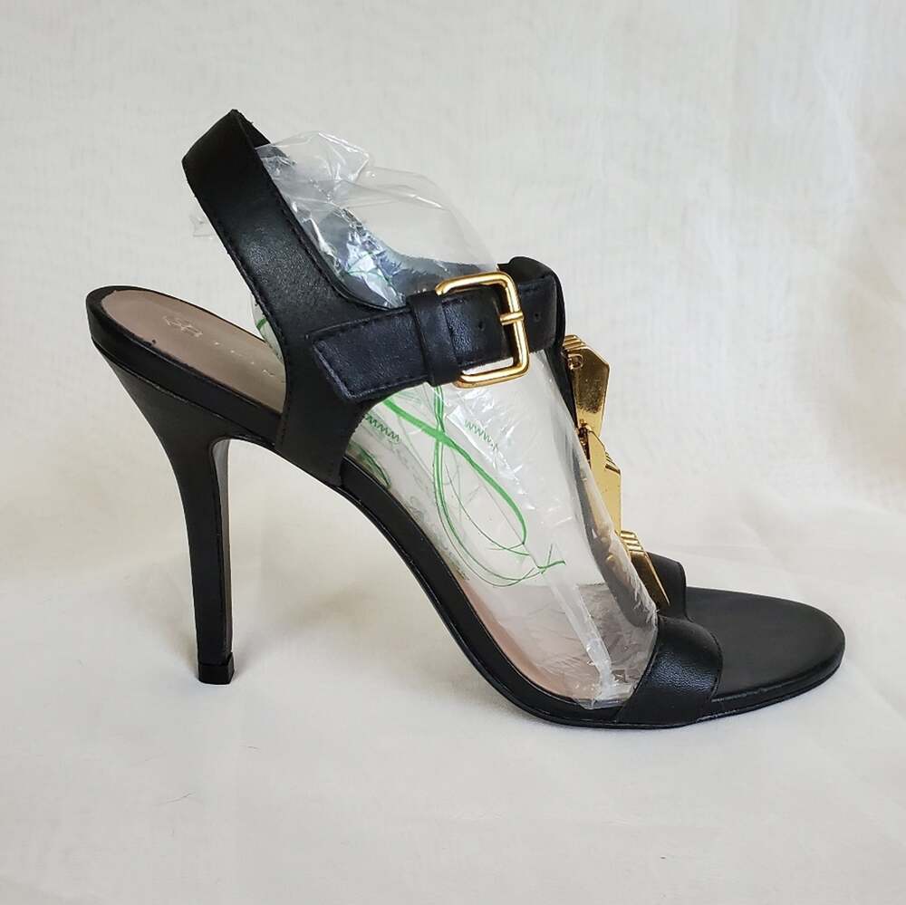 TRINA TURK Loyola black high heel sandal with gold accents Sz.7.5